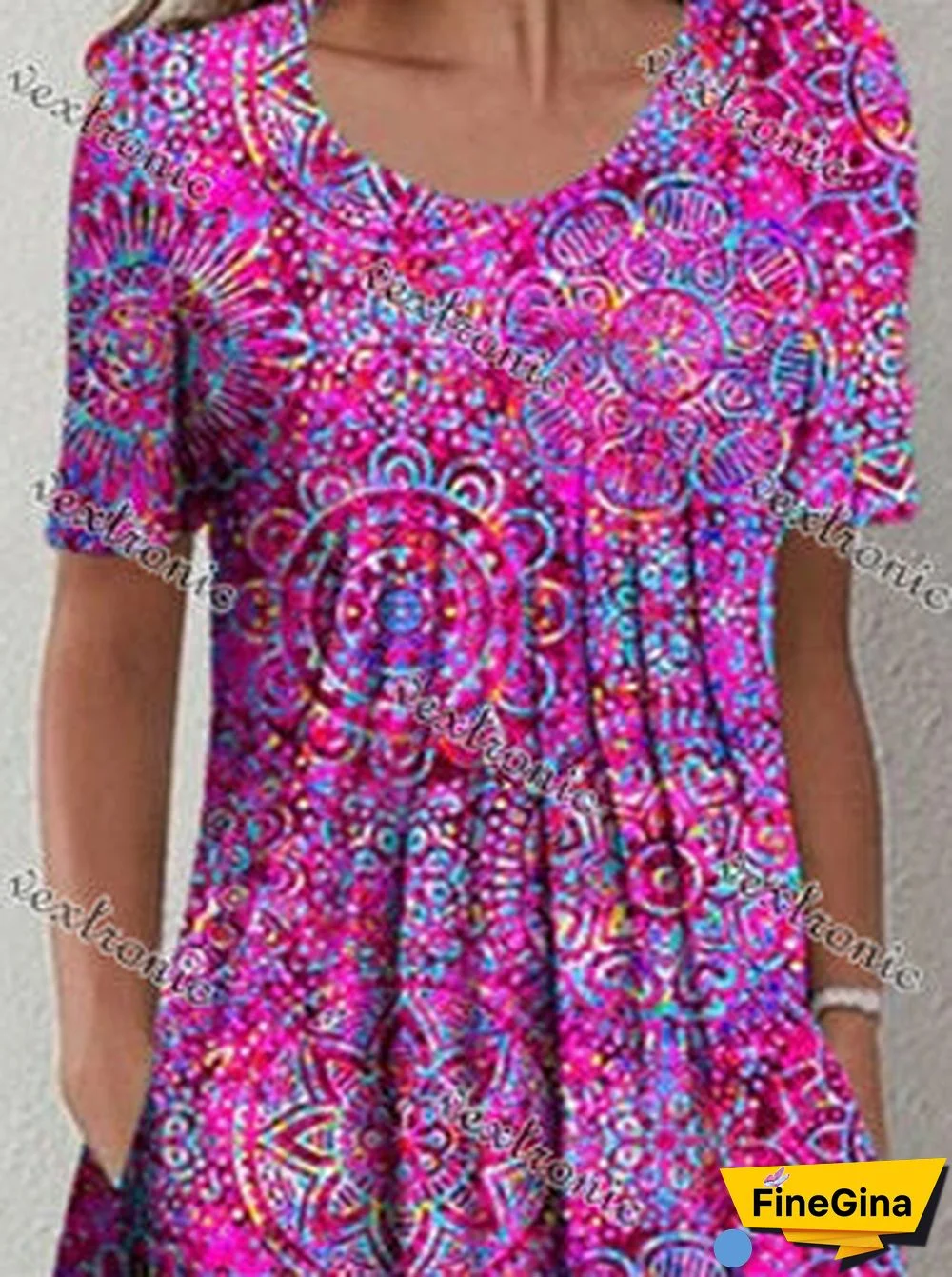 Women's Purple Short Sleeve Scoop Neck Graphic Floral Printed Midi Dress