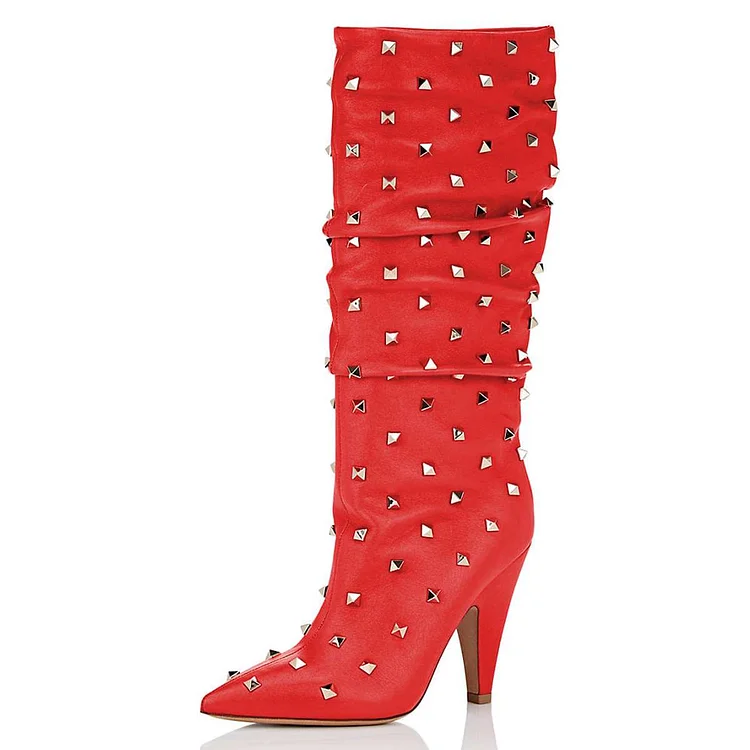 FSJ Red Rock Studs Pointed Toe Cone Heel Slouch Boots for Women |FSJ Shoes