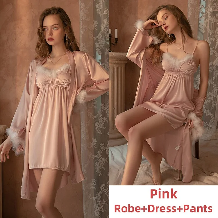 Sexy Women Sleepwear Pajamas Sets Plush Night Dress Silk Robe Lingerie Bathrobe Camisolas Nightgown Lounge Sleep Tops Autumn
