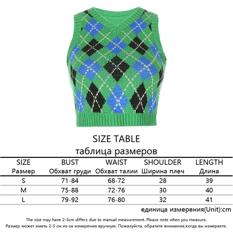 HEYounGIRL V Neck Vintage Argyle Sweater Vest Women Black Sleeveless Plaid Knitted Crop Sweaters Casual Autumn Preppy Style