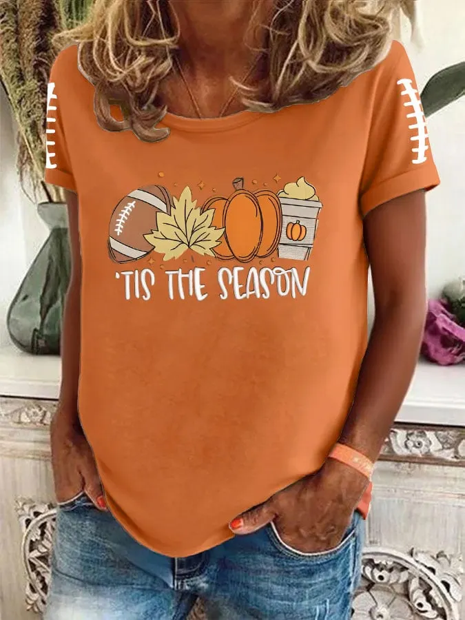 Women's FALL Football TIS THE SEASON Printed Round Neck T-Shirt 