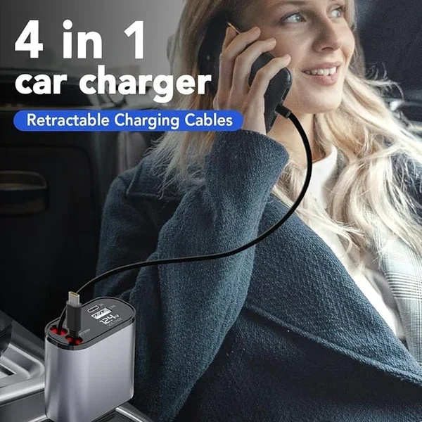 4 IN 1 Retractable Car Charger USB Type C And IOS Cable