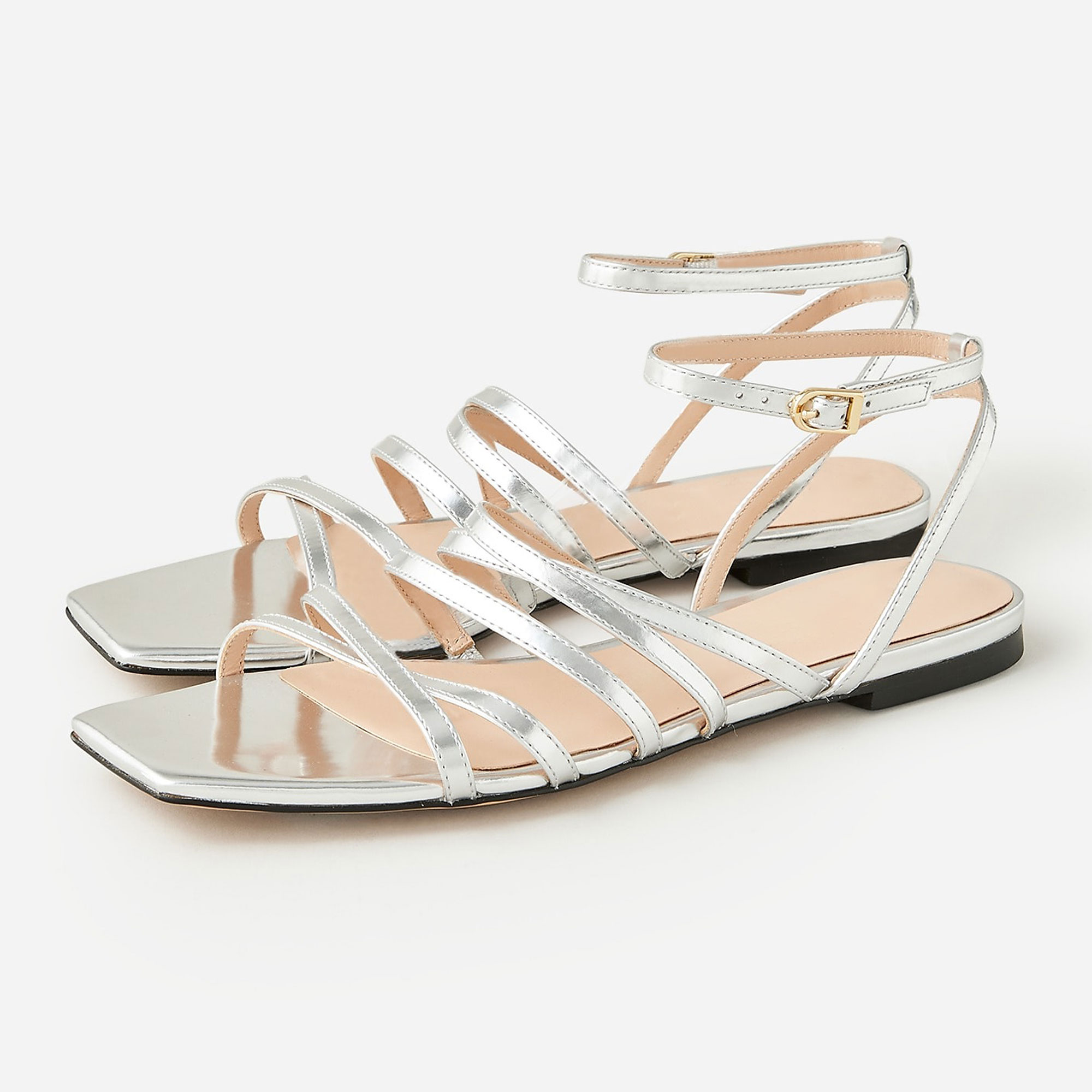 Silver Metallic Finish Open Square Toe Criss-Cross Flat Women Sandals Nicepairs