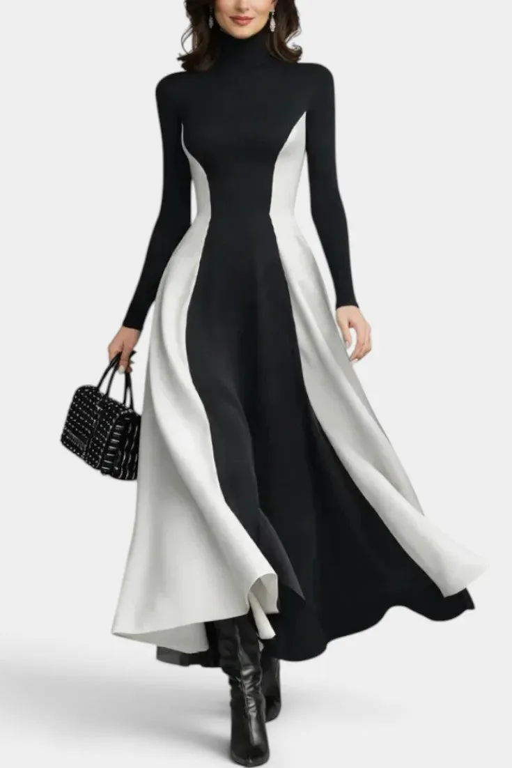 Structured Two-Tone Midi Dress with Mock Neck