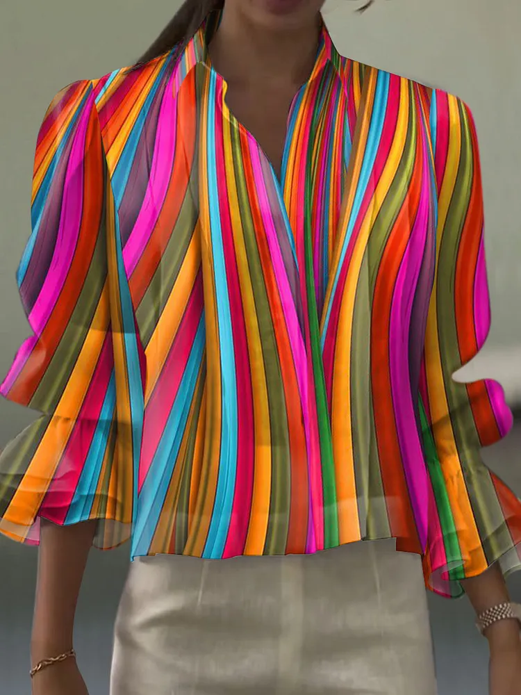 Women's  Vintage Rainbow Stripe Art Print Casual  Cotton And Linen Shirt