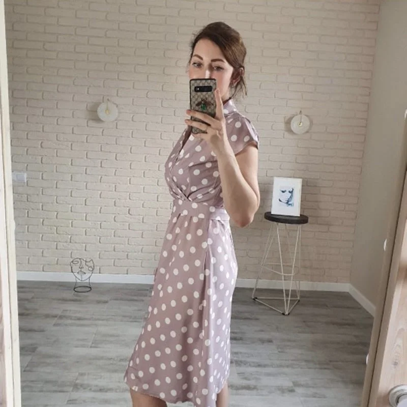 Women Casual A line Dot Printing V neck Lace Turn Down Collar Off the shoulder Mid Dress Pink2021 New Fashion Sexy Summer Dress