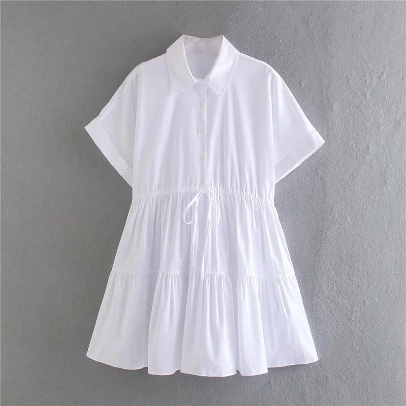 Evfer Women Casual Turn-Down Collar Short Sleeve Za Cotton White Mini Dresses New Spring Girl High Waist A-Line Short Dress Chic