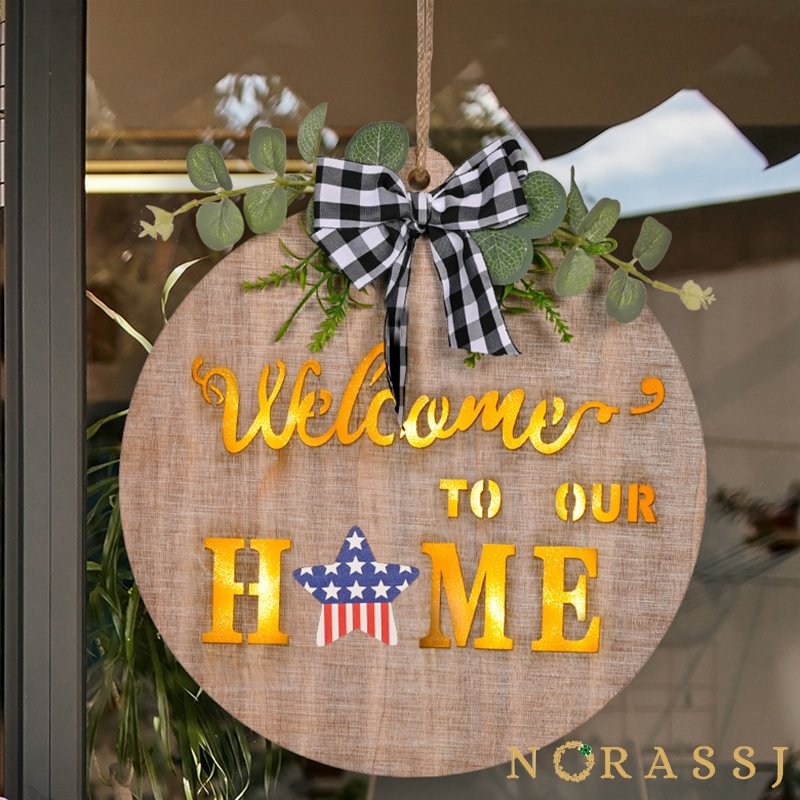 Spring Wreath Wooden Checkered Bow Welcome Wooden Sign