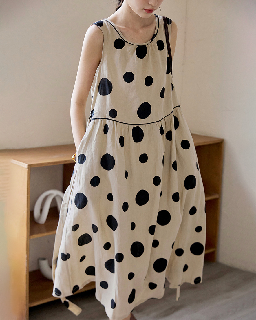 Polka Dot Sleeveless A-Line Loose Midi Dress