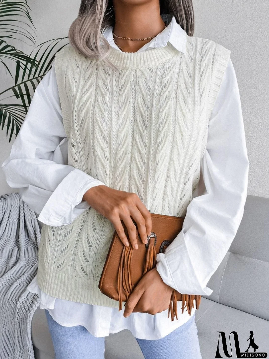 MidiSono - Round Neck Openwork Capped Sleeve Sweater Vest