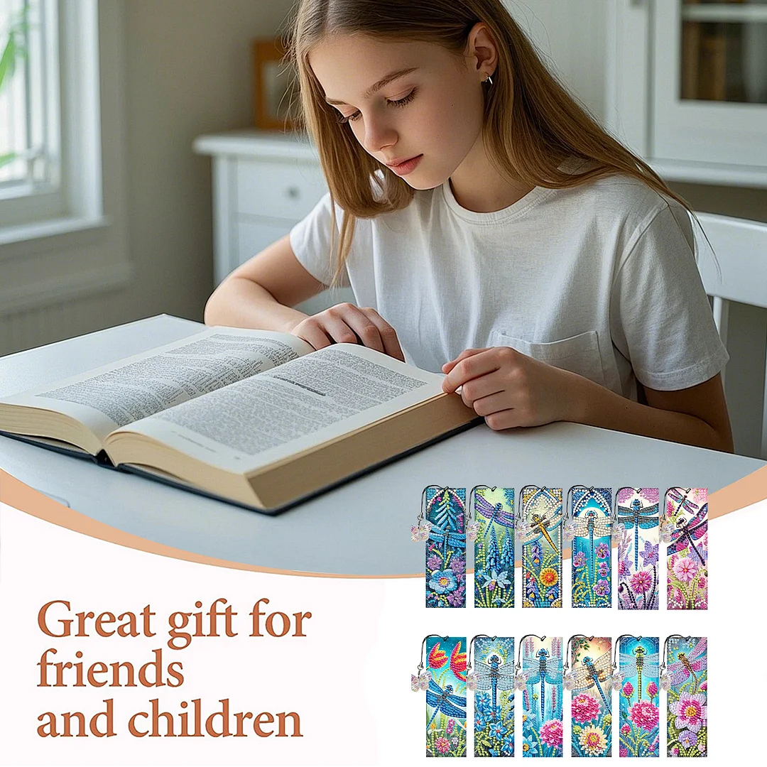 12Pcs Dragonflies Flowers DIY Diamond Art Painting Bookmark for Beginners Adult