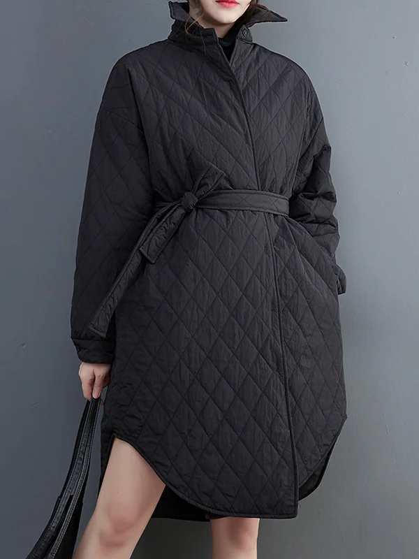 Simple Loose Rhombic Belted Solid Color Lapel Padded Coat