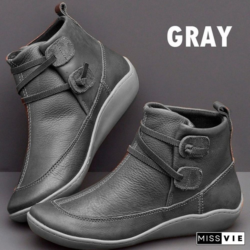 Women's Braided Strap Flat Heel All Season Boots Waterproof Leather Comfortable Flat Heel Boots Round Toe Ankle Boots