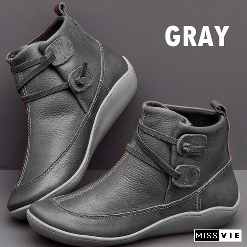 Women's Braided Strap Flat Heel All Season Boots Waterproof Leather Comfortable Flat Heel Boots Round Toe Ankle Boots