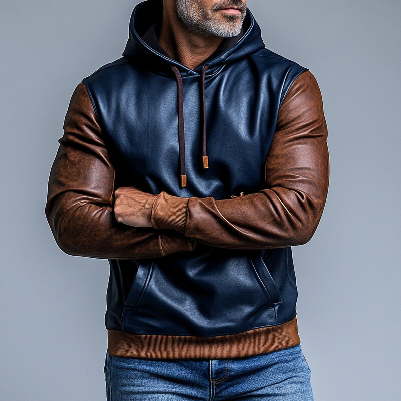 Men's PU Leather Two Tone Pocket Long Sleeve Drawstring Hoodie