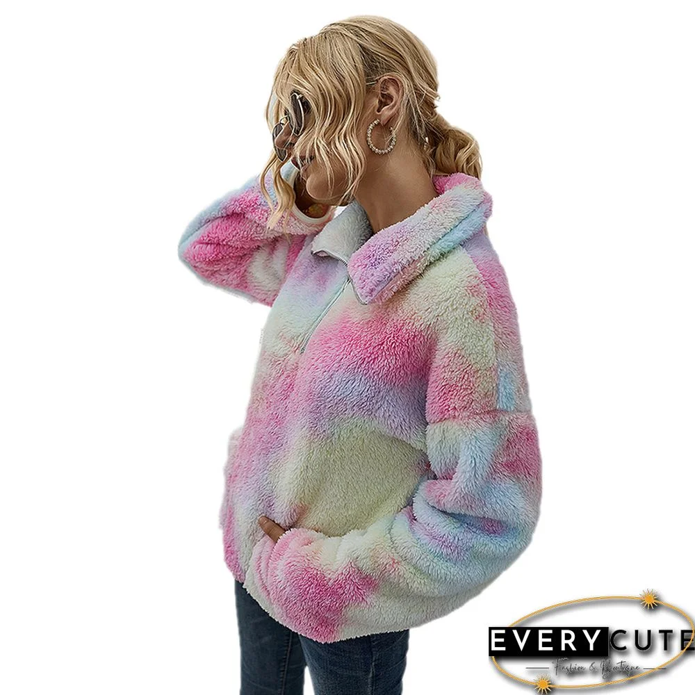 Multicolor Tie Dye Print Zip Neck Plush Sweatshirt