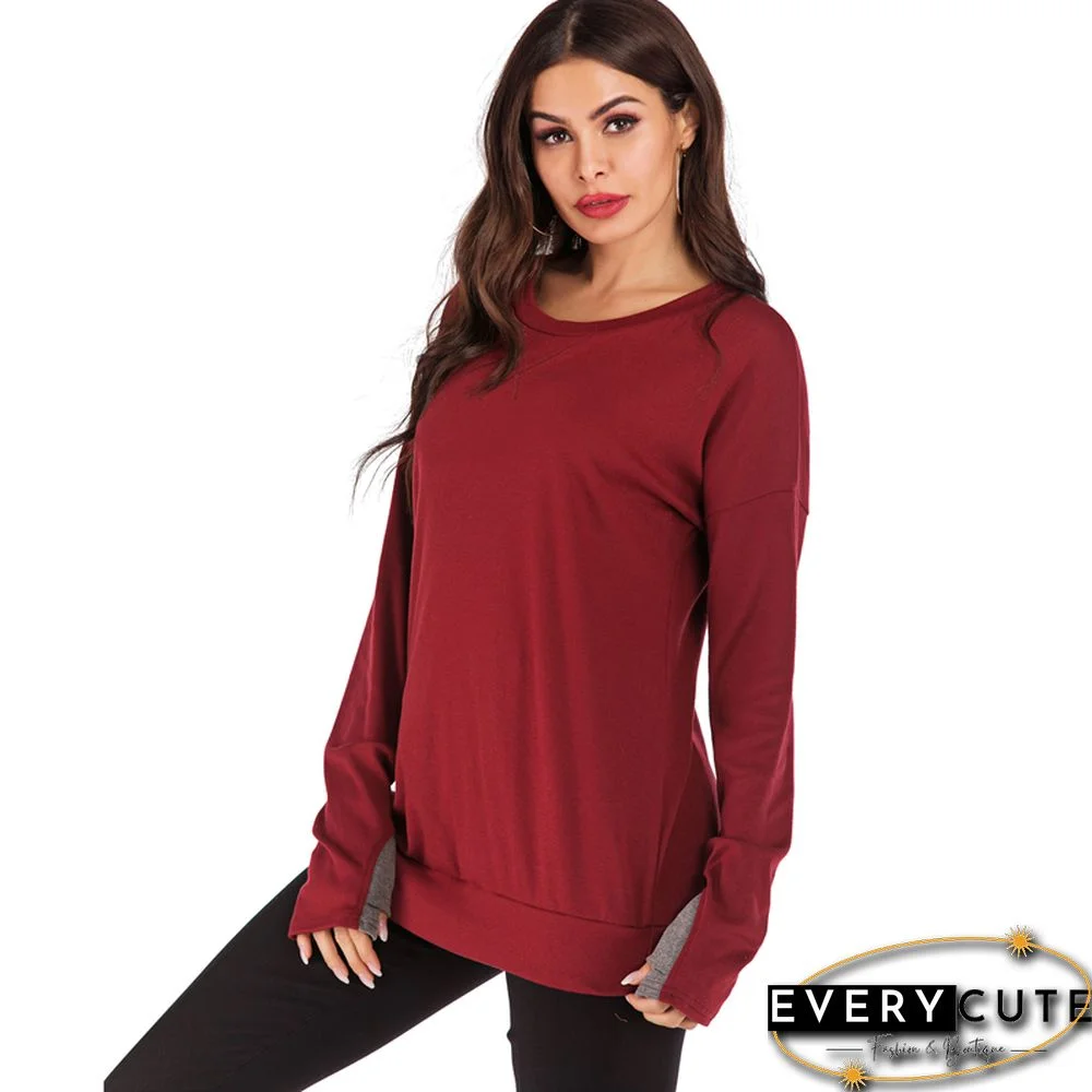 Wine Red Long Sleeve Pullover Sweatshirt