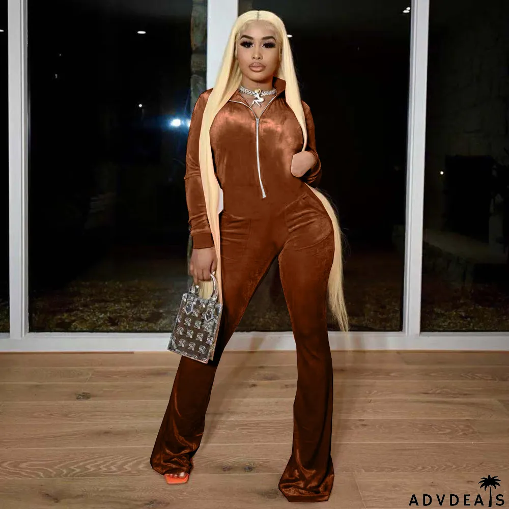 Solid Velvet Long Sleeve Zipper Flared Jumpsuit