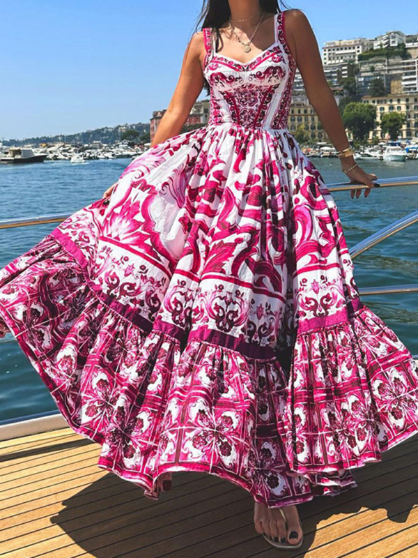 Stylish Printed Sleeveless Sleeveless Waist Swing Dress