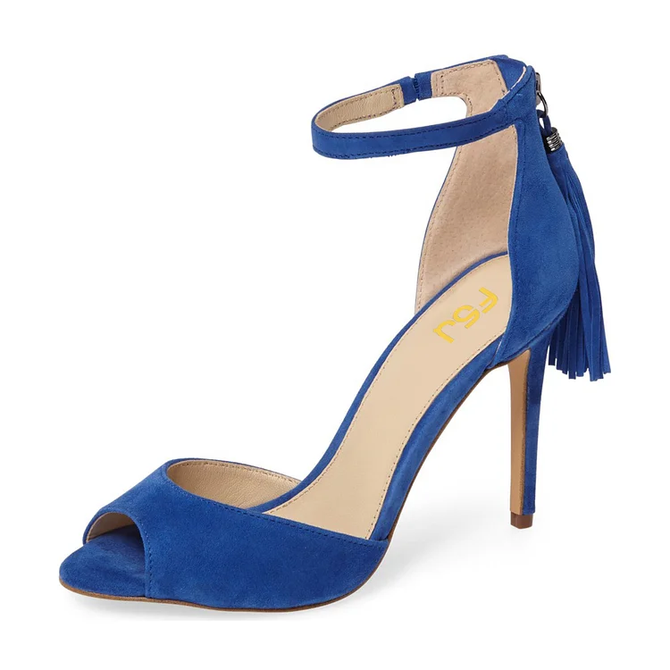 Cobalt Blue Fringe Sandals Peep Toe Stiletto Heel Sandals by FSJ |FSJ Shoes