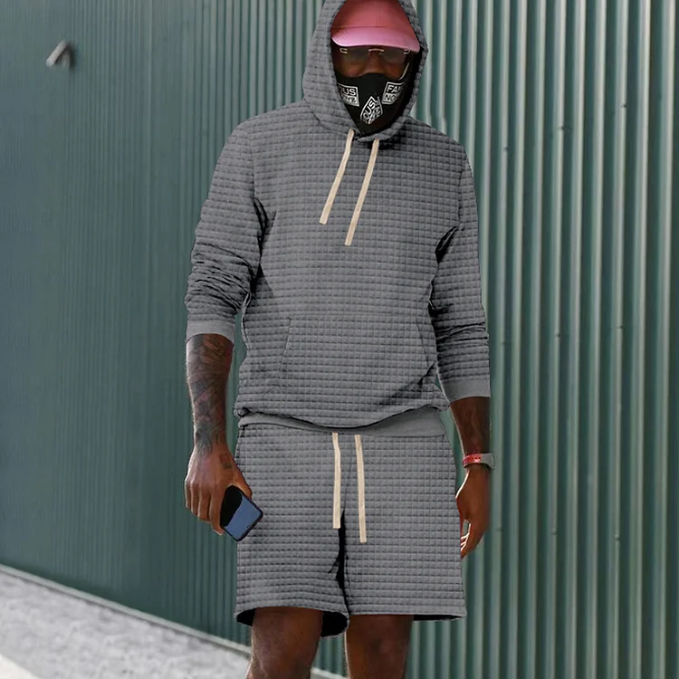 Broswear Solid Color Casual Checkered Long Sleeve Hoodie And Shorts Co-Ord