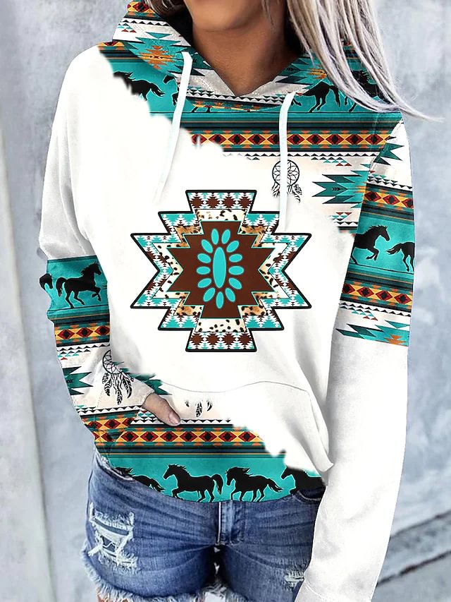 Womens Long Sleeve Hoodie Aztec Geometric Print Drawstring Color Block Hooded Sweatshirt Pullover Tops With Pockets
