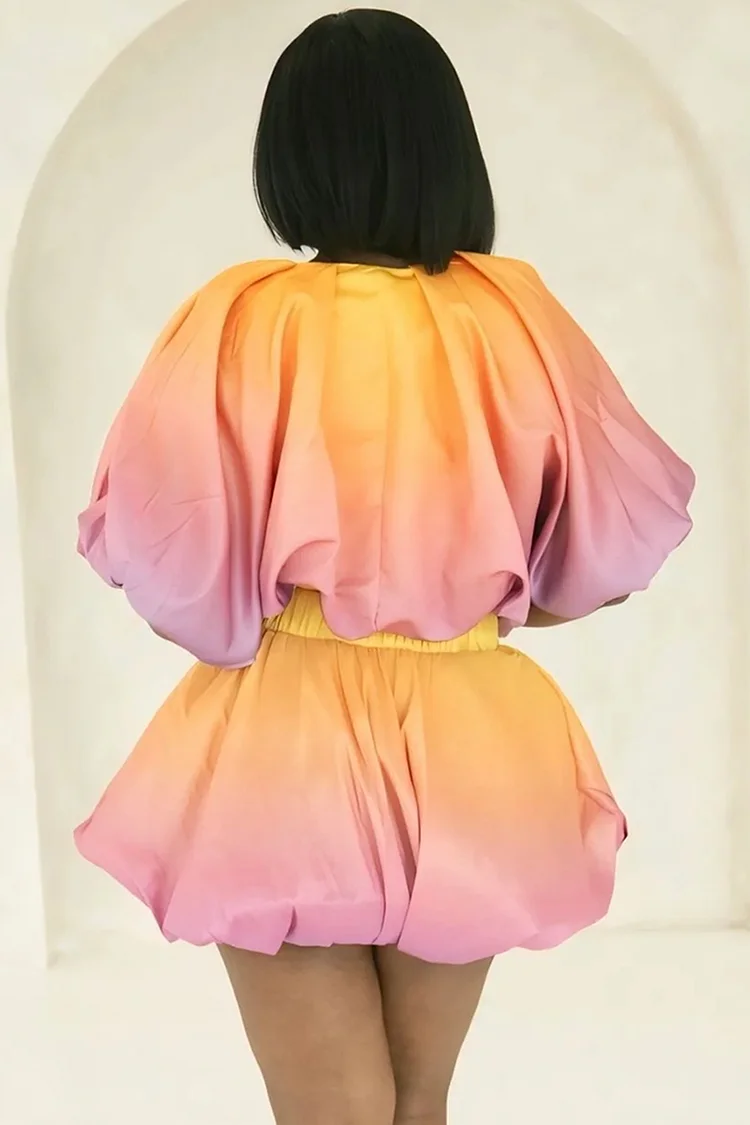 Plus Size Daily Multicolor Gradient Puff Sleeve Short Sleeve Bubble Casual Two Piece Skirt Sets [Pre-Order]