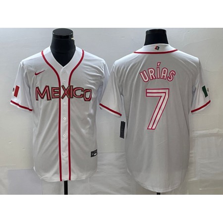 Men's Mexico Baseball #7 Julio Urias 2023 White World Baseball With Patch Classic Stitched Jersey DGBM
