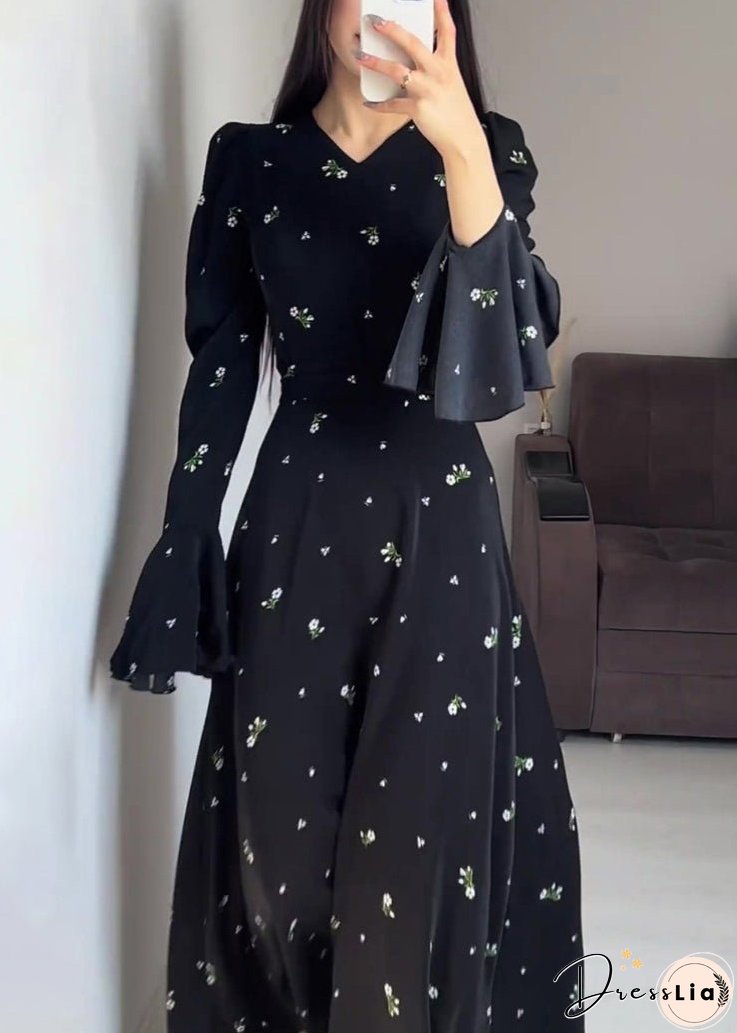 Stylish Black V Neck Print Cotton Maxi Dresses Butterfly Sleeve