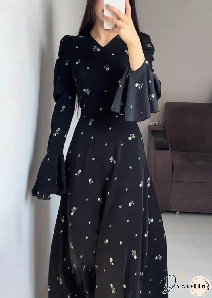 Stylish Black V Neck Print Cotton Maxi Dresses Butterfly Sleeve