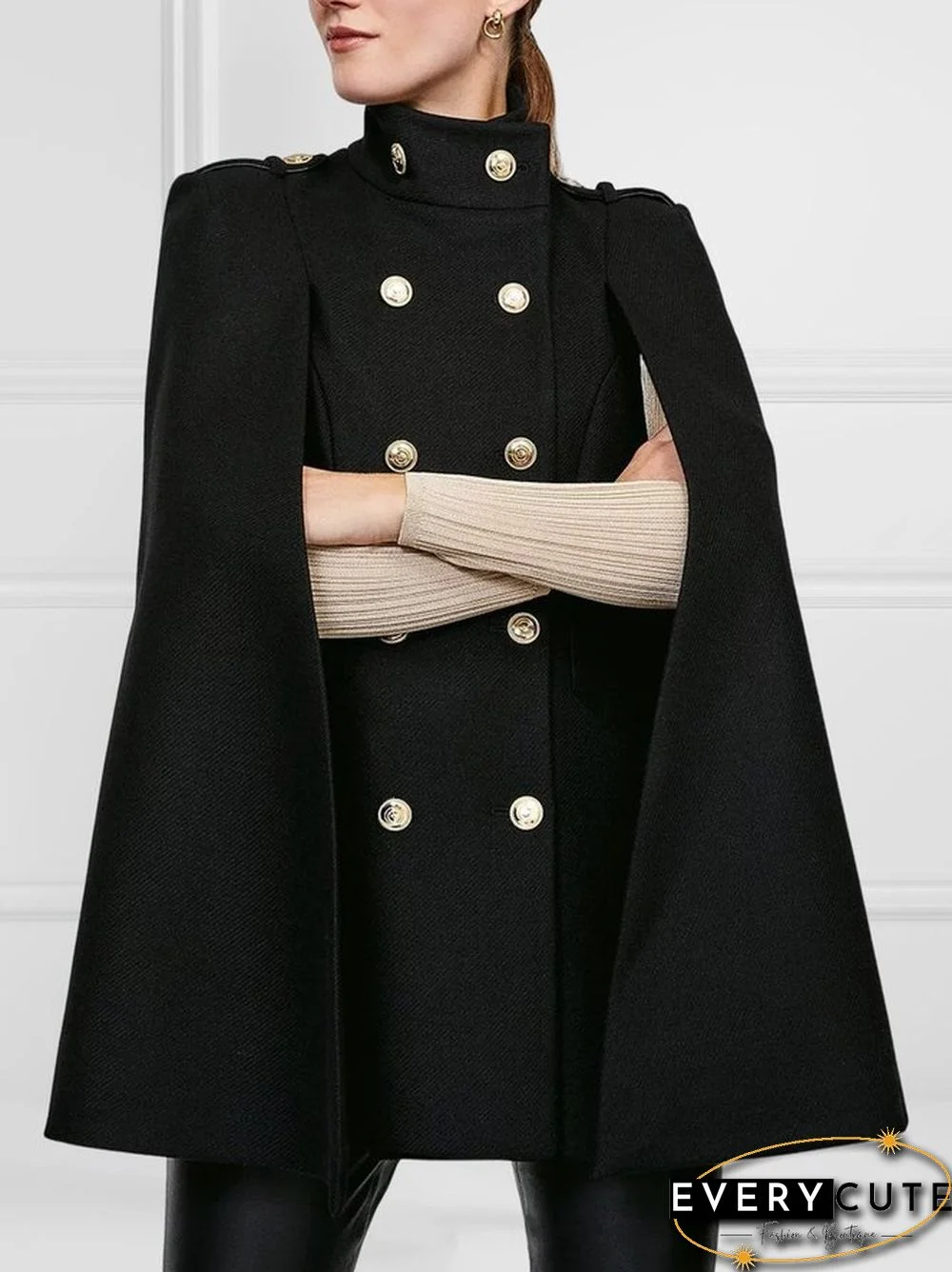 Loose Buttoned Solid Color Stand Collar Woolen Coat Cape Coats