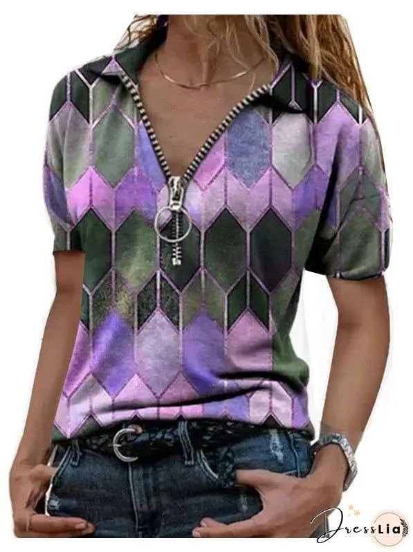 Printed Zip T-Shirt Lapel Short Sleeve T-Shirt