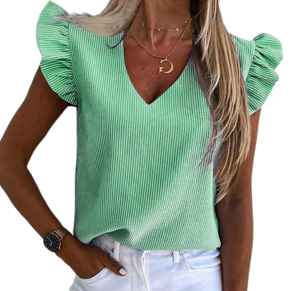 Office Lady T-shirt Women Summer V Neck Stripes Short Ruffled Sleeve Casual T-shirt Top Women's Clothing