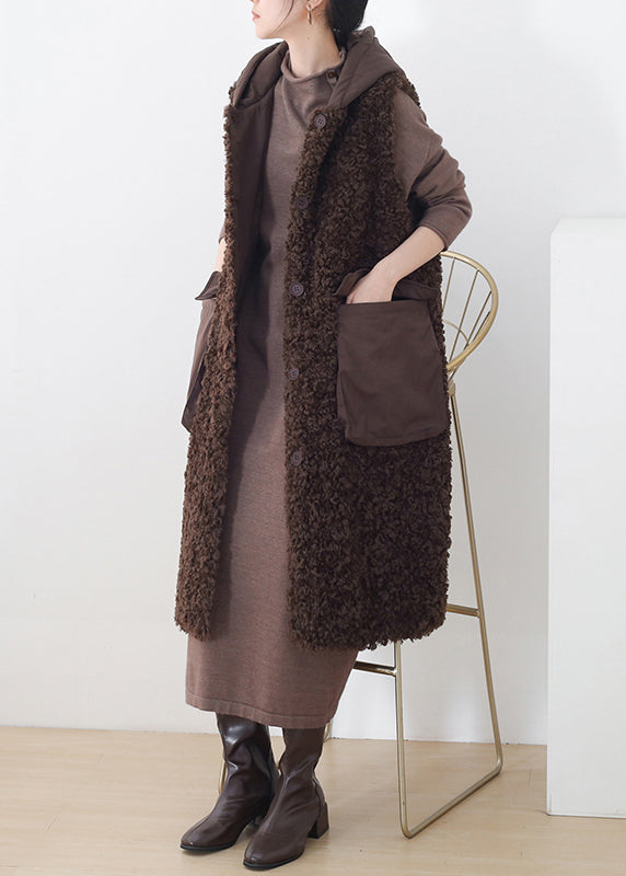 VCSHOES Chocolate Colour Button Woolen Hooded Waistcoat Sleeveless