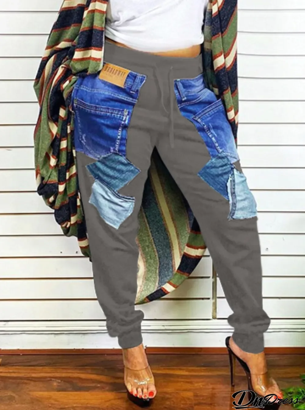 Winter Casual Dk-Grey Patched Jeans Print Pocket Jogging Pant
