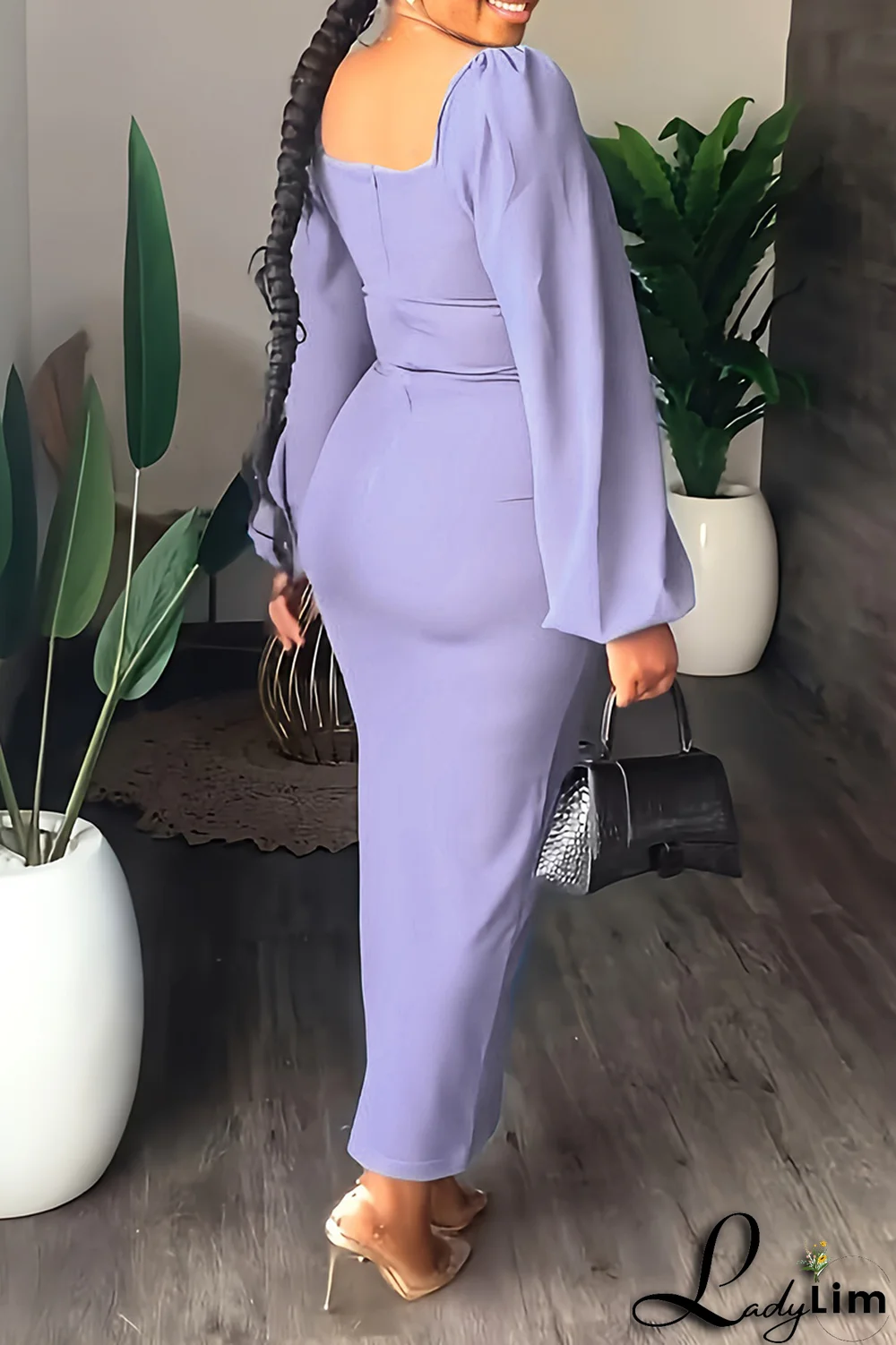 Sky Blue Fashion Solid High Opening Square Collar Pencil Skirt Dresses