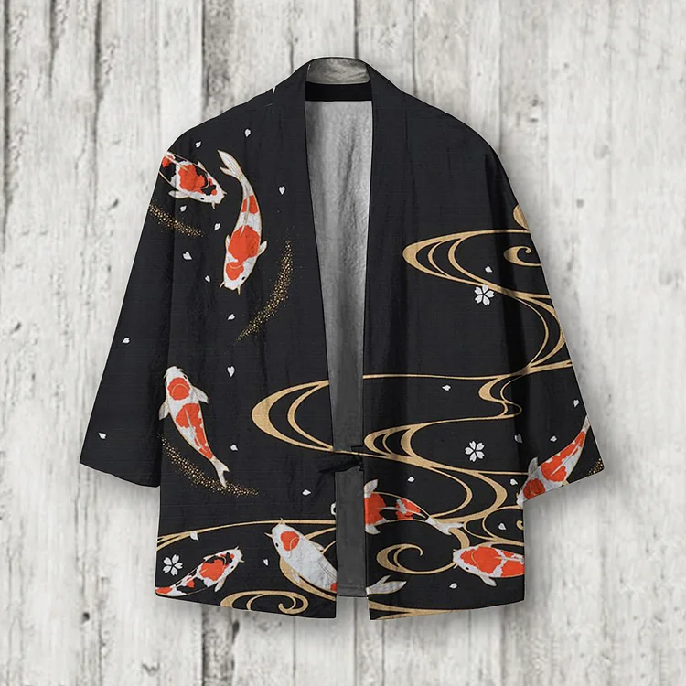Vintage Koi Sakura Japanese Art Linen Blend Kimono Cardigan