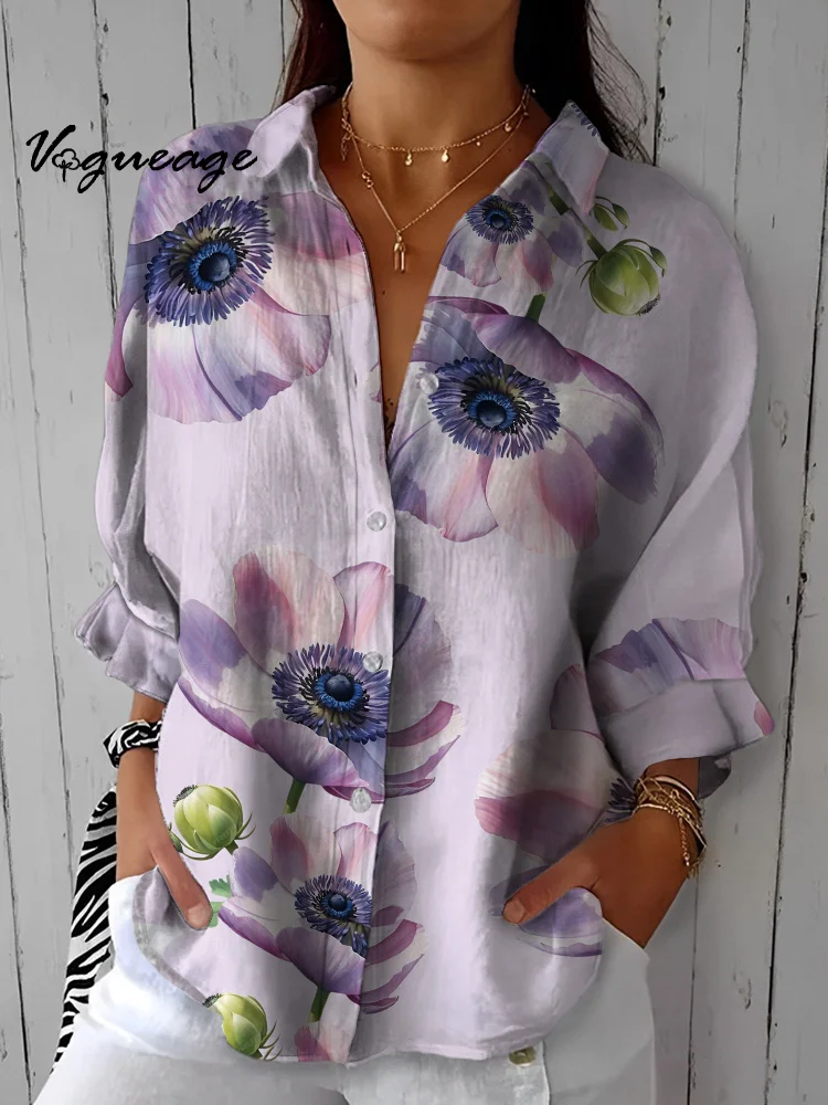 Generous Elegant And Dignified Flowers Printed Cotton And Linen Women Shirt