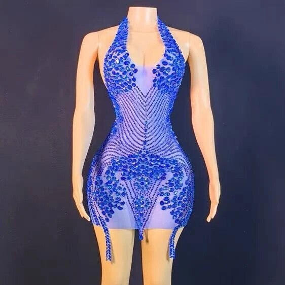 Flashing Rhinestone Green Halter Backless Transparent Sheath Mini Dress Birthday Celebrate Costume Women Dancer Prom Outfit