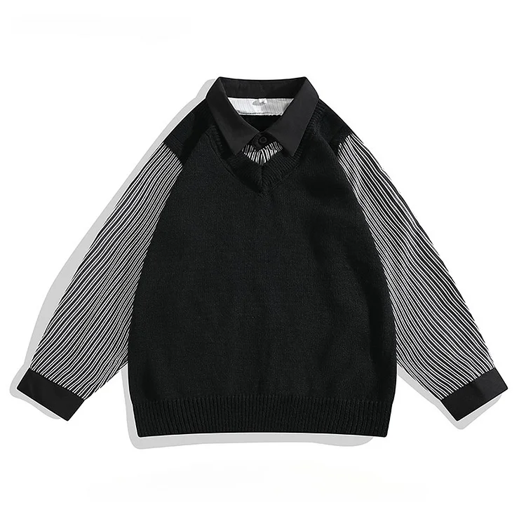 Traceeye Spring Autumn British College Style Fake Two-piece Sweater Men's Spliced Striped Lapel Shirt Knitted Pullovers Top Male Clothing