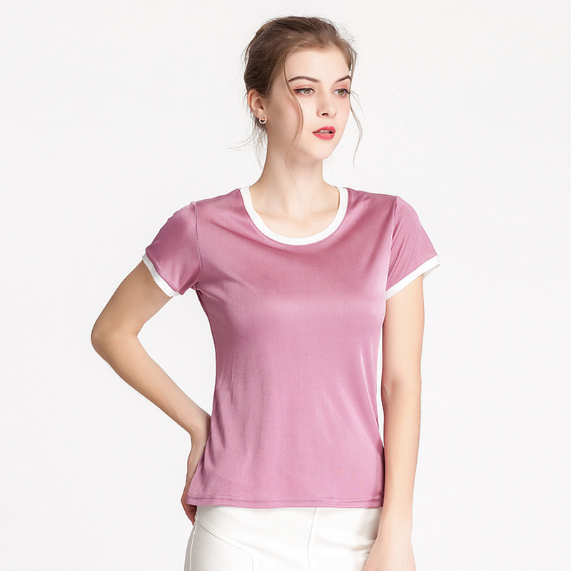 T-Shirt aus Seide Damen Rundhals Kontrast Top Rosa