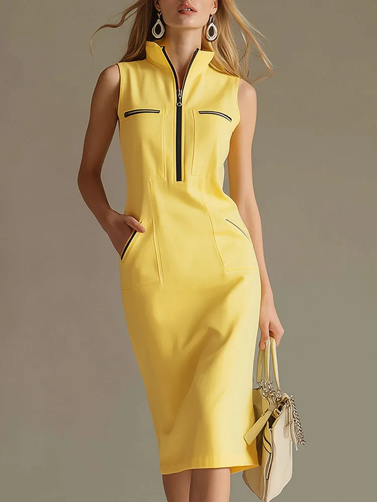 Stylish And Casual Yellow Stand-up Collar Sleeveless Midi Dress