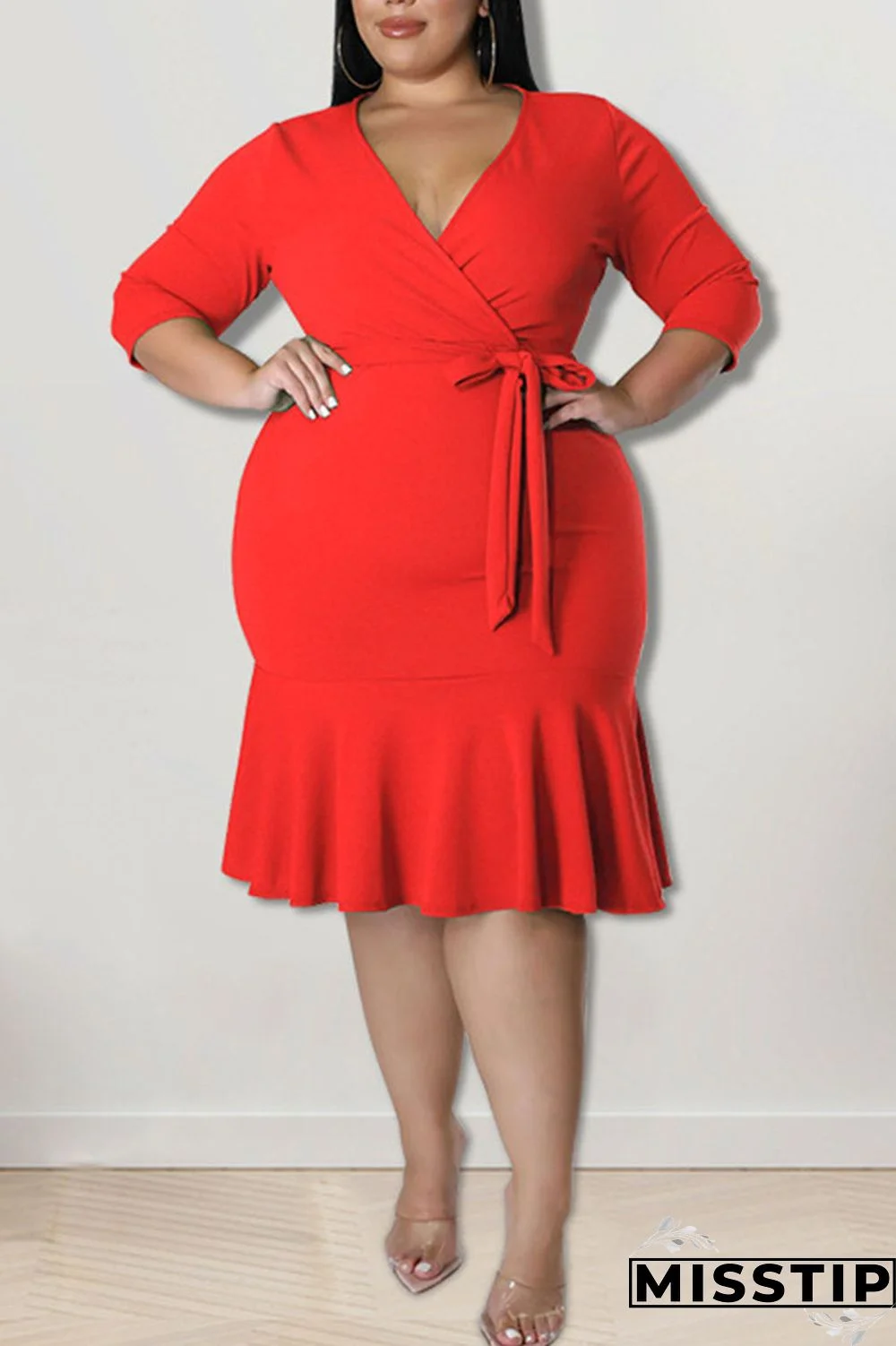 Black Casual Solid Bandage Patchwork Flounce V Neck Straight Plus Size Dresses