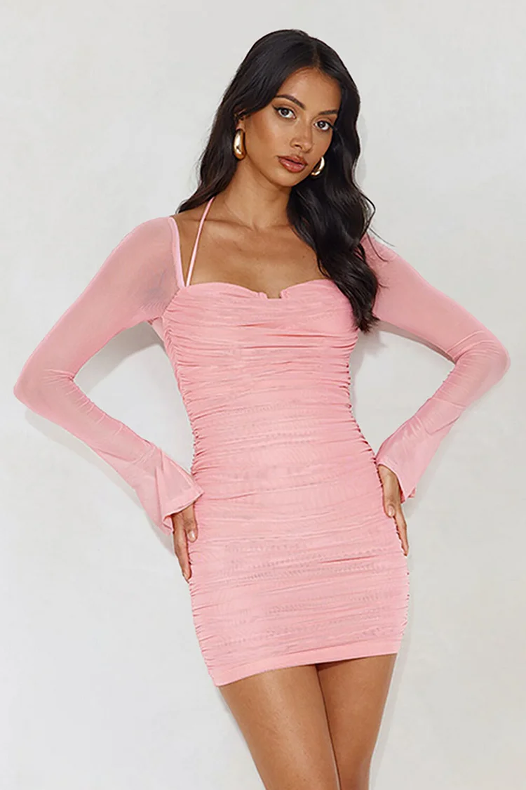 Halter Semi Sheer Long Sleeve Ruched Bodycon Backless Mini Dresses-Red