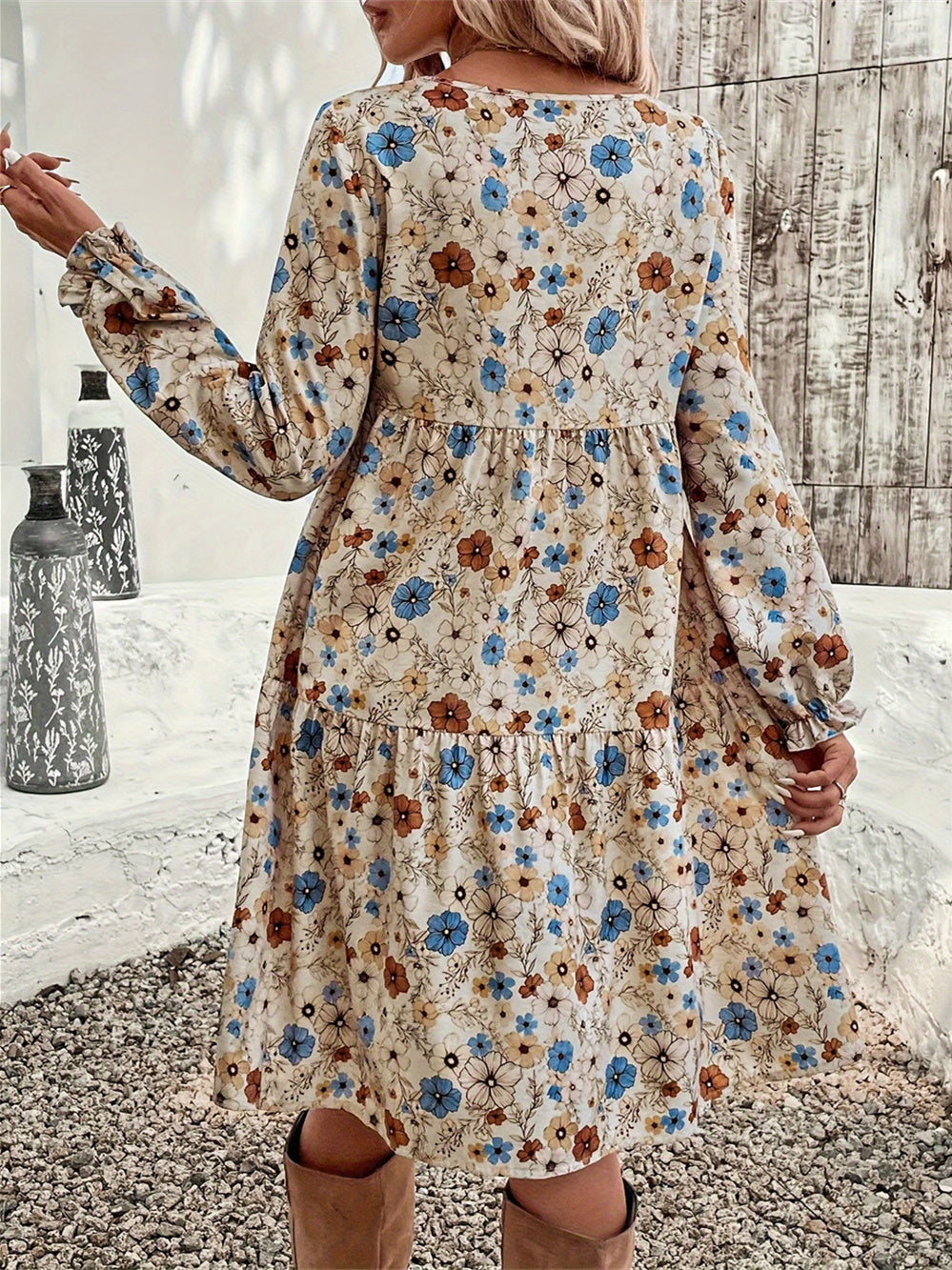 Women's Long Sleeve Scoop Neck Floral Printed Midi Dress