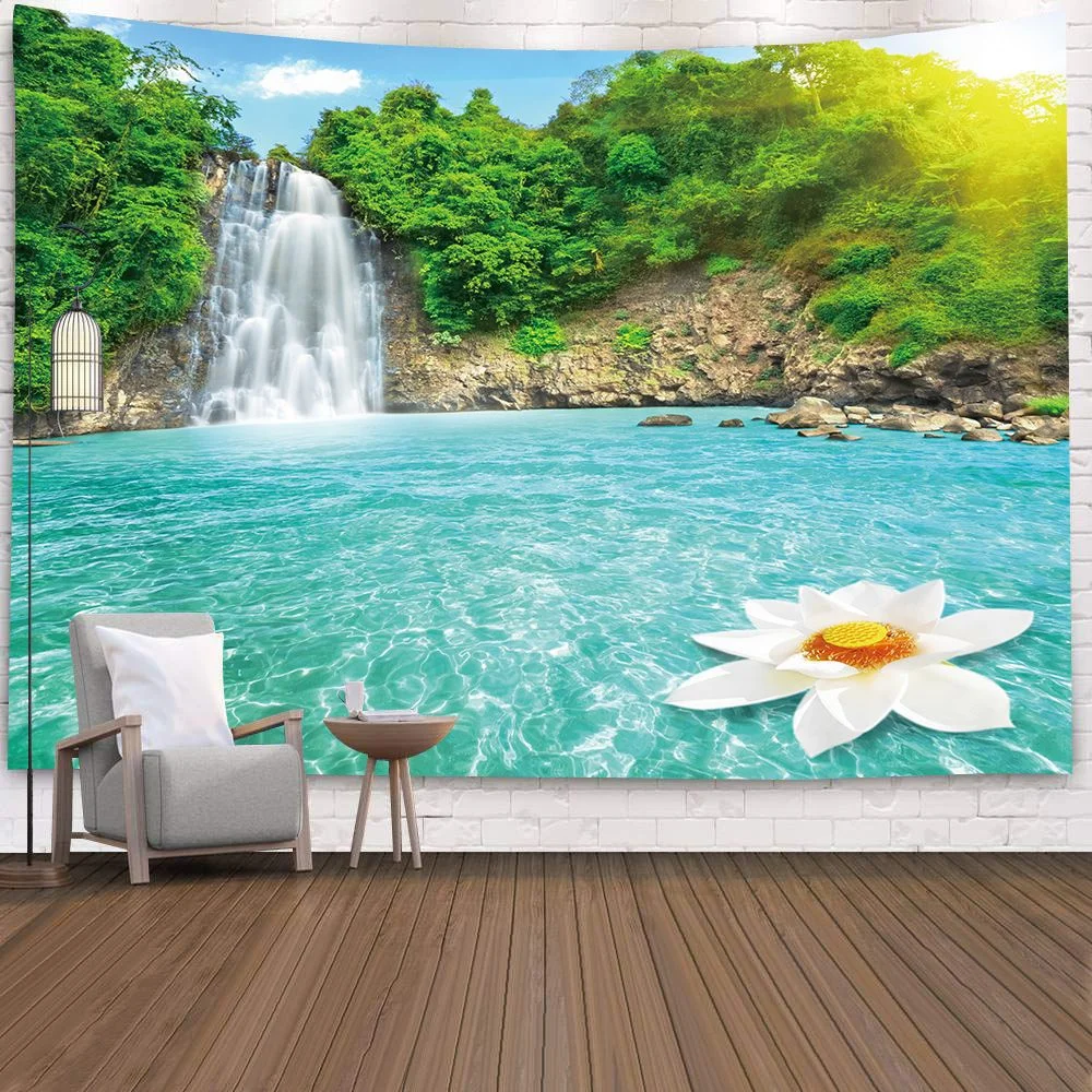 Natural 3D Waterfall Tapestry Beach Towel Landscape Primeval Forest Stream Printing Wall Carpet Yoga Mat Home Art Tapestry Decor