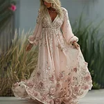 Women's Vintage Pink Rose Embroidered Art V-neck Midi Dress - Image 2