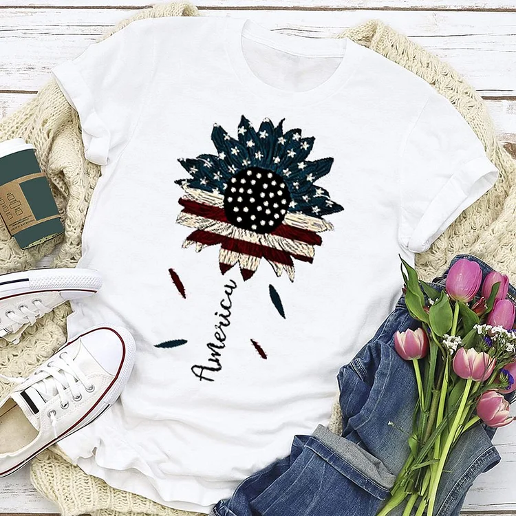 Independence Day Print Sunflower T-shirt Tee