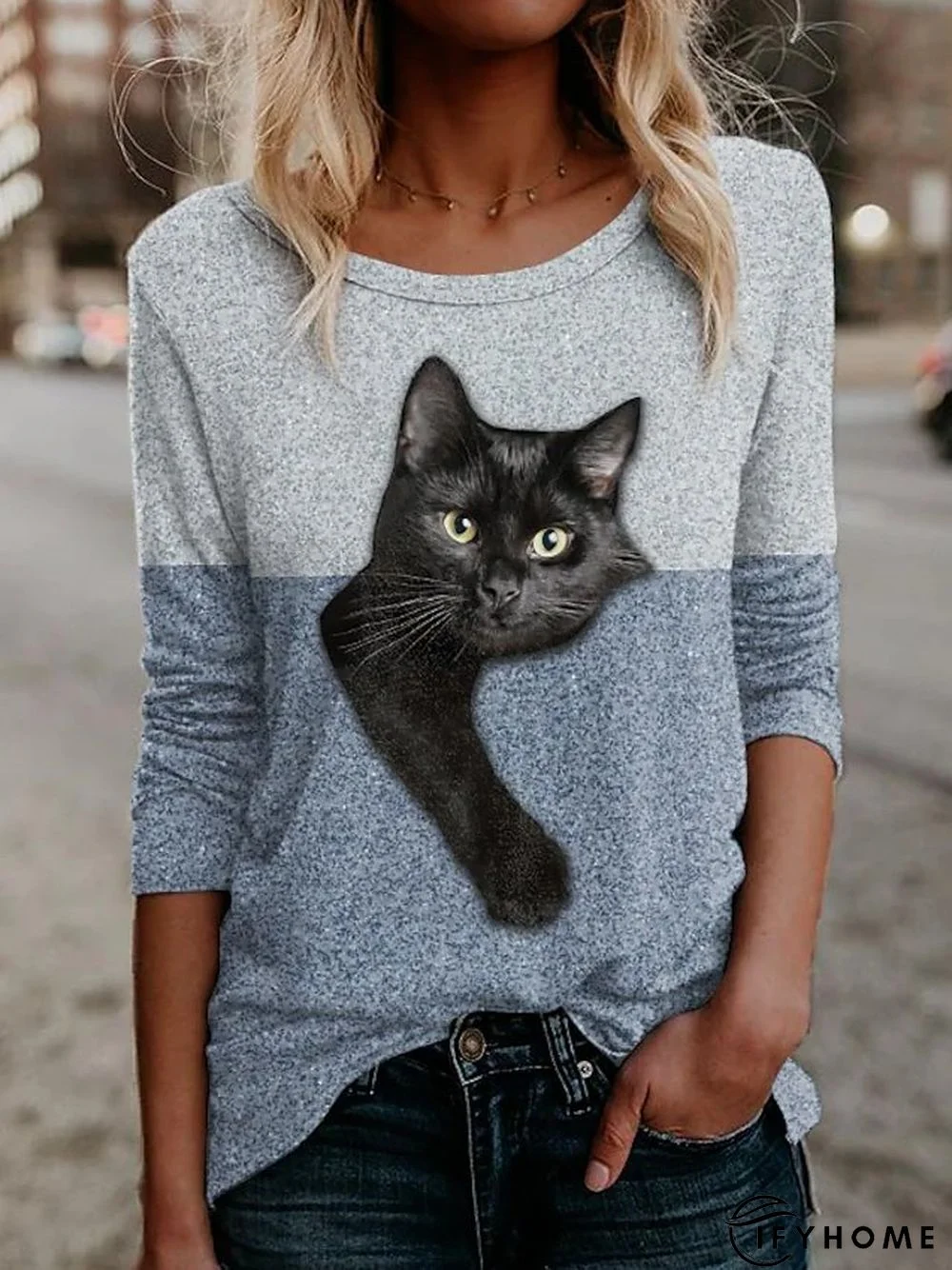 Black Cat Crew Neck Casual Loose T-Shirt | IFYHOME