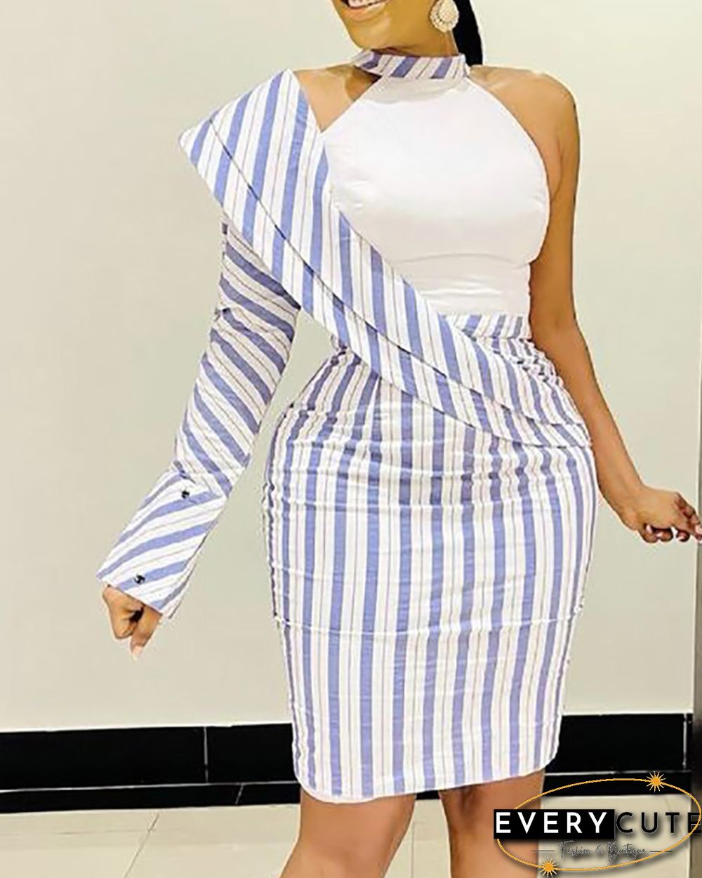 Striped Print Colorblock One Shoulder Bodycon Dress